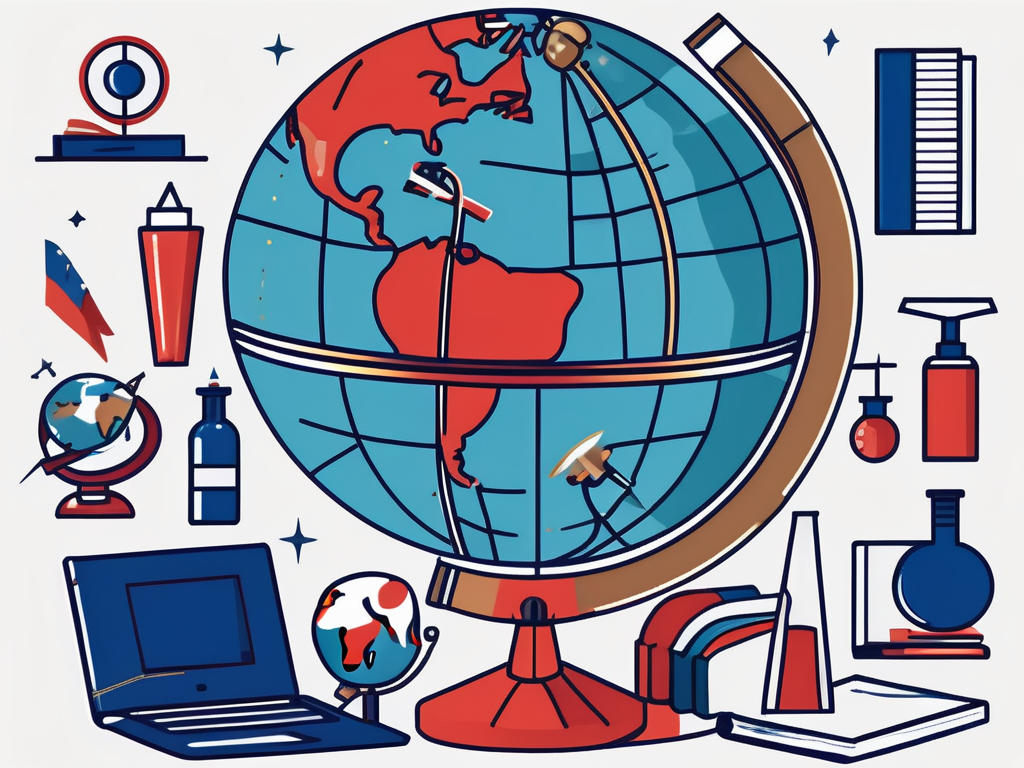 A globe with various iconic educational tools such as books