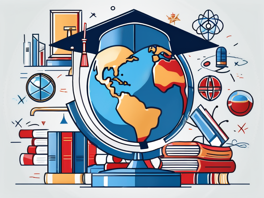 A globe with various iconic educational symbols such as books