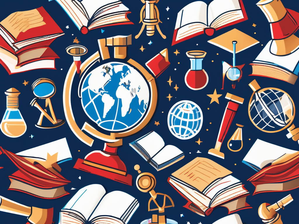 A globe surrounded by various iconic educational symbols