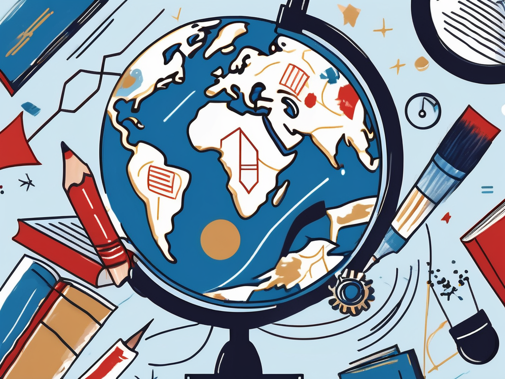 A globe with various educational symbols like books