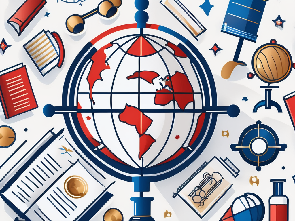 A globe with various iconic educational symbols like books