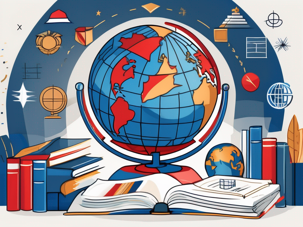 A globe with various educational symbols like books