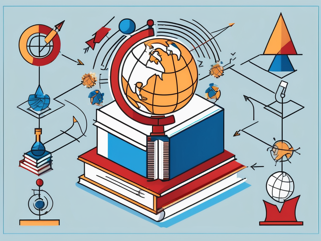 A globe with various symbolic educational icons such as books