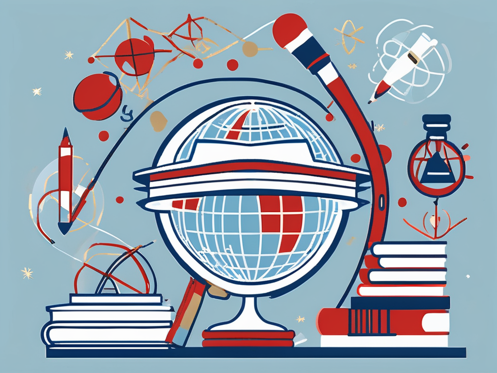 A globe with various educational symbols like books