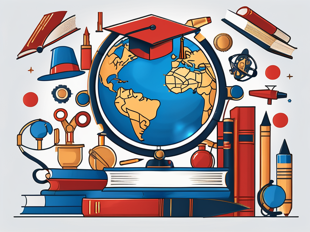 A globe surrounded by various iconic educational tools such as books