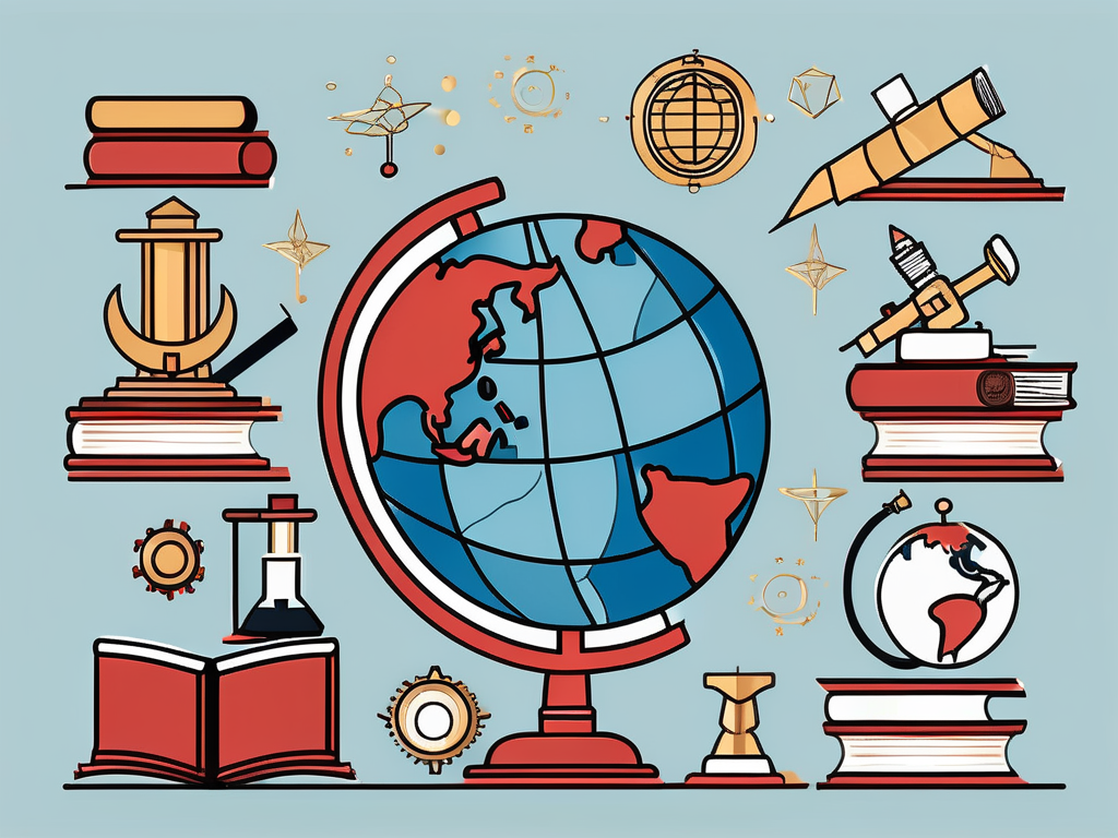 A globe surrounded by various iconic educational symbols like books