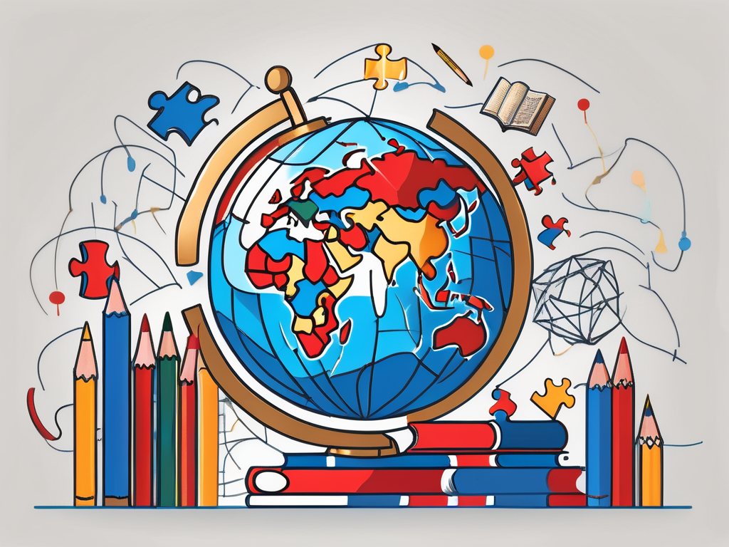 A globe with various education-related symbols like books