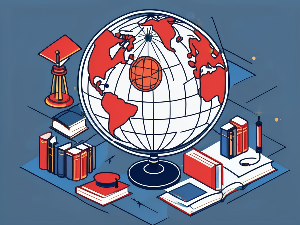 A globe with different educational icons like books