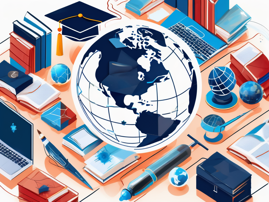 A globe surrounded by various educational tools like books