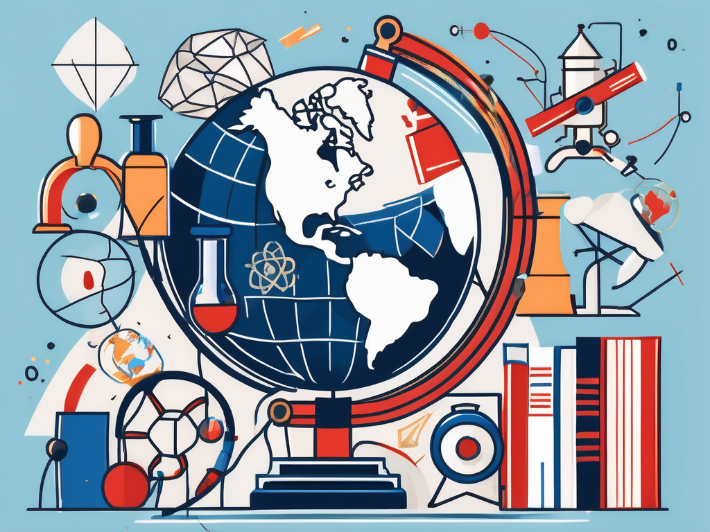 A globe surrounded by various educational symbols like books