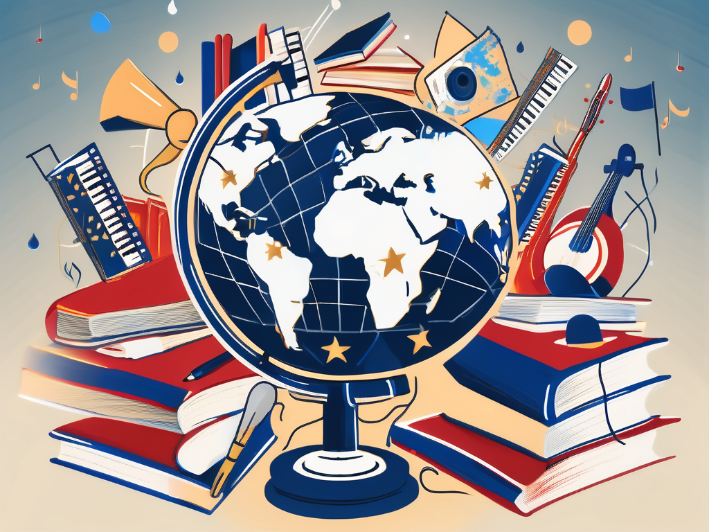 A globe surrounded by various cultural and educational symbols like books