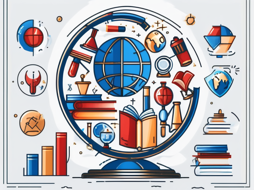 A globe with various educational icons like books