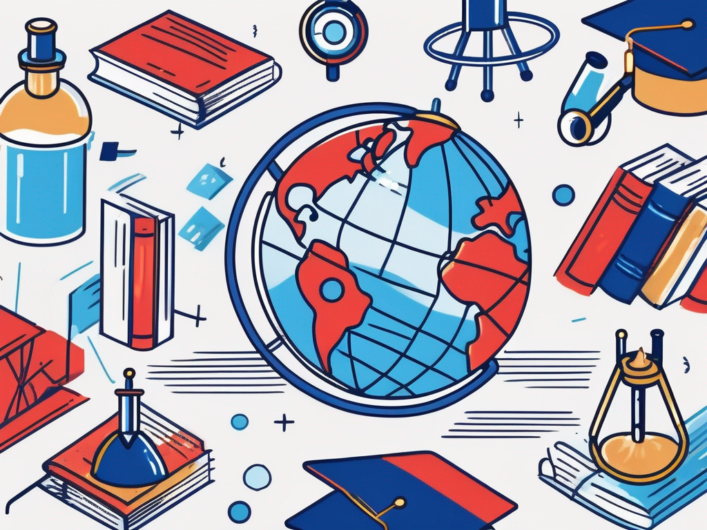 A globe with various iconic educational symbols such as a graduation cap