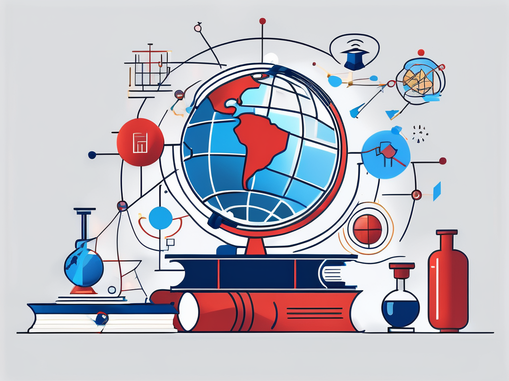 A globe with iconic educational symbols such as a graduation cap