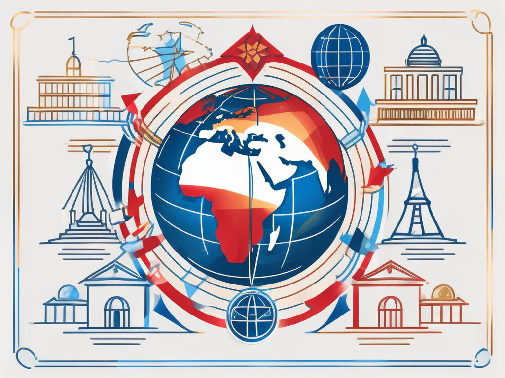 A globe with different iconic educational symbols from various countries