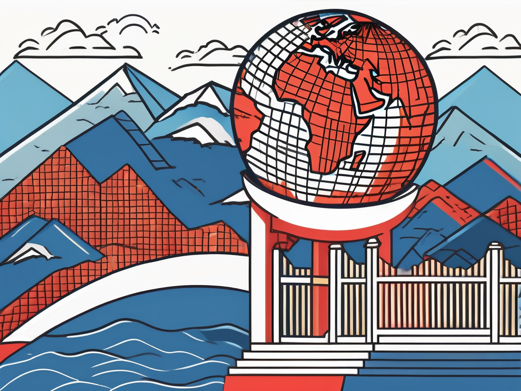 A globe surrounded by various symbolic barriers such as a brick wall