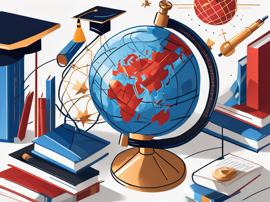 A globe with different educational tools such as a microscope