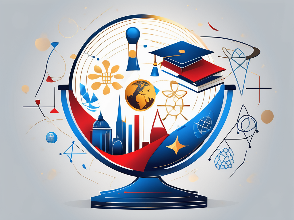A globe with iconic educational symbols (like a graduation cap
