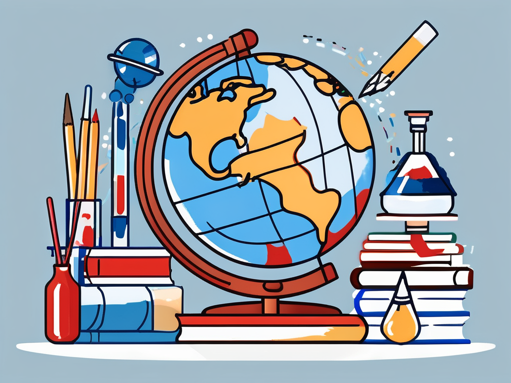 A globe surrounded by various educational symbols like books