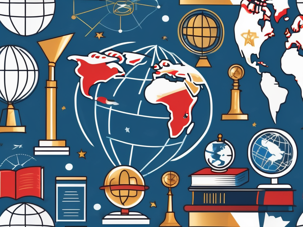 A globe with various iconic educational symbols (like a graduation cap