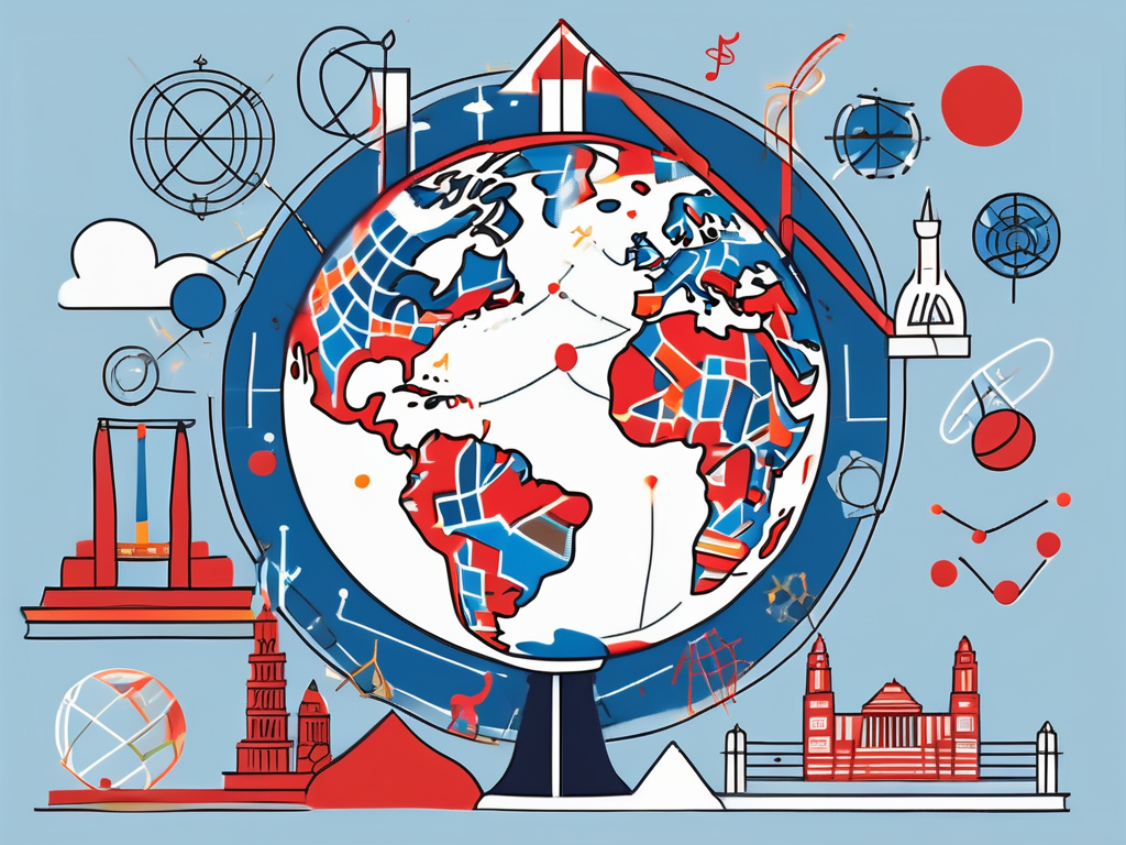 A globe with iconic landmarks from different continents