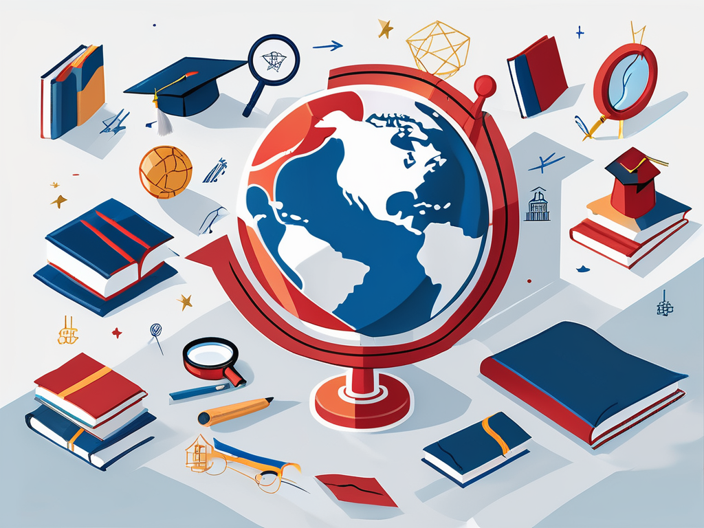 A globe with various school-related icons such as books