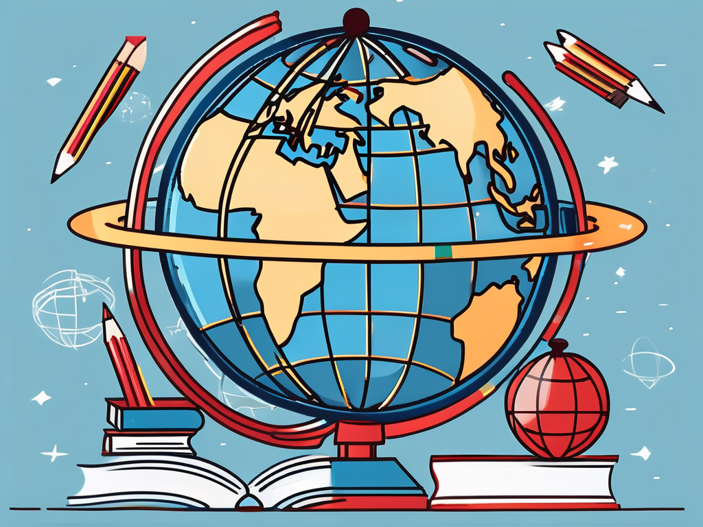 A globe with various educational symbols like books