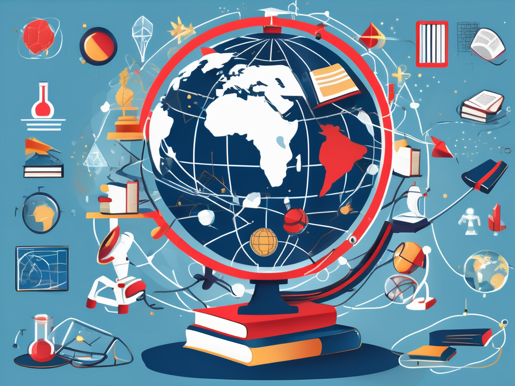 A globe with various iconic educational symbols (like books