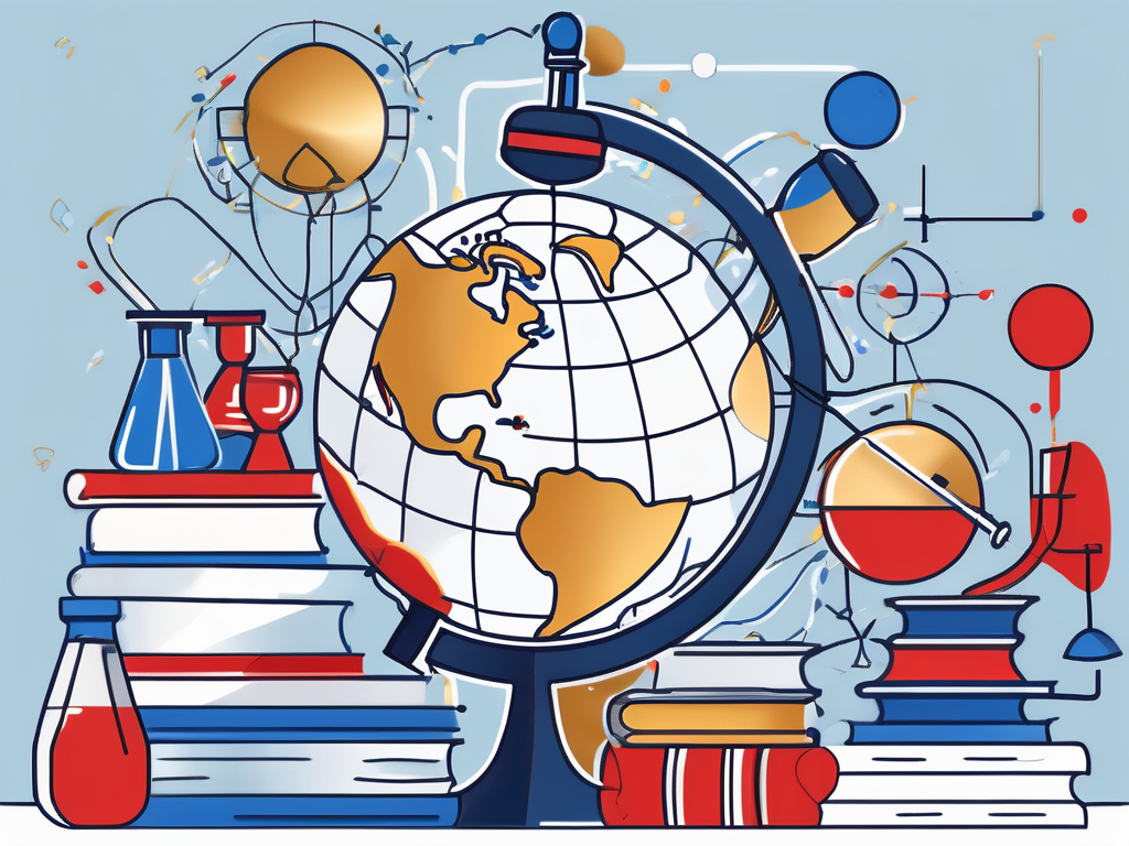 A globe with various educational symbols like books