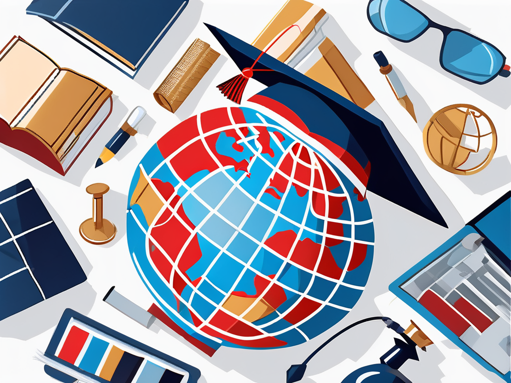 A globe surrounded by various educational tools such as books