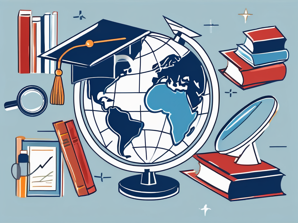 A globe with various iconic school items like books