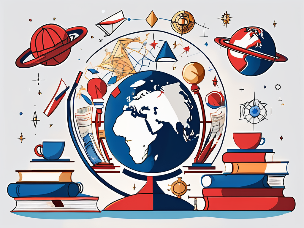 A globe surrounded by various educational symbols like graduation caps