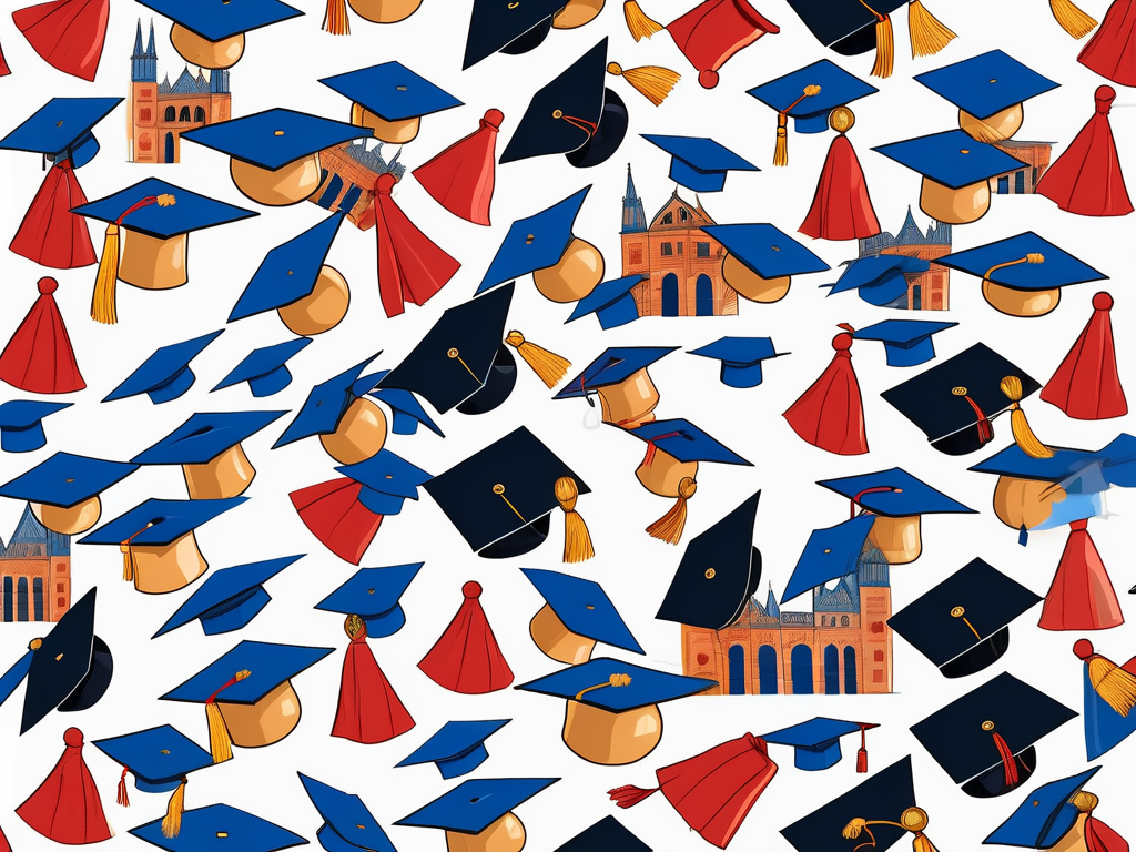 A globe with graduation caps scattered across various countries