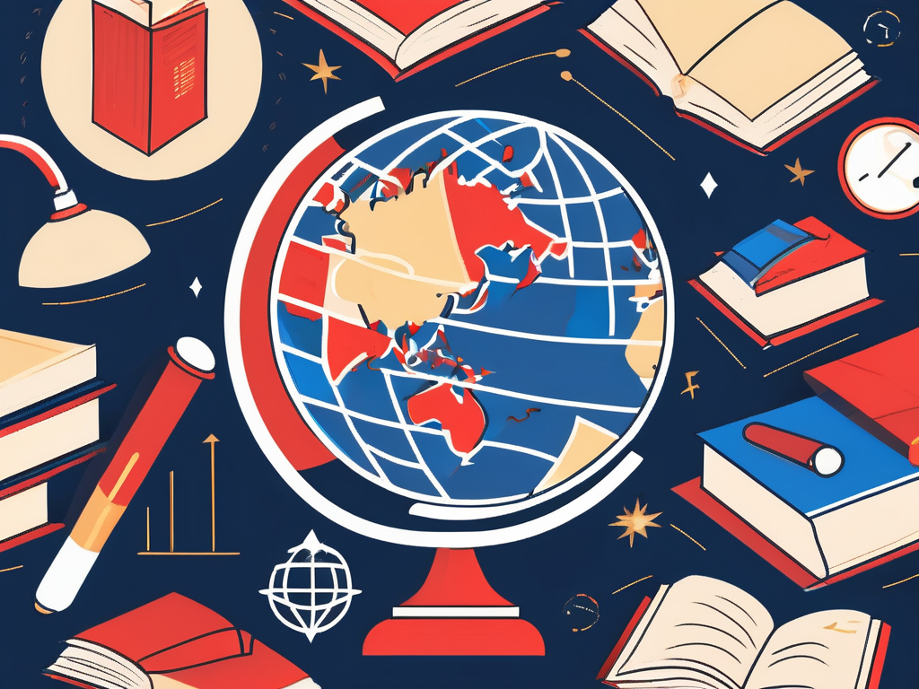 A globe surrounded by various educational symbols such as books