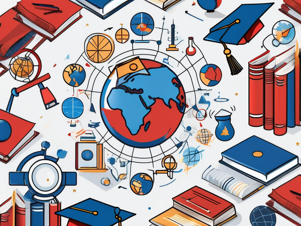 A globe encircled by various iconic educational symbols such as books