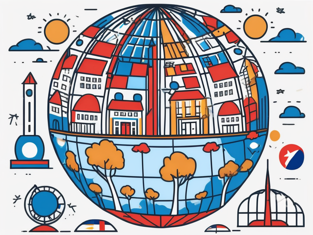 A globe with different international school buildings from various countries