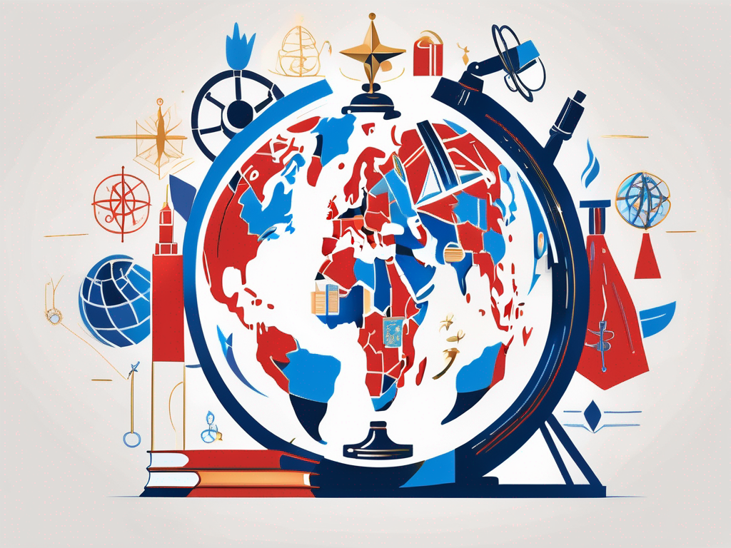 A globe with various iconic educational symbols (like books