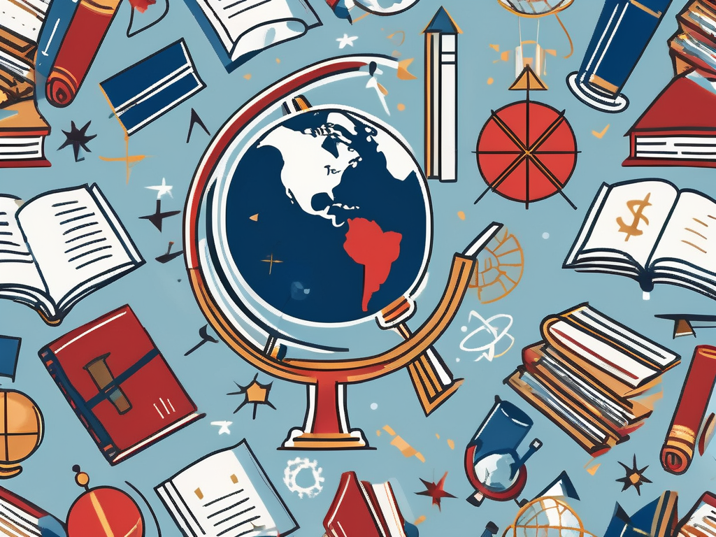 A globe surrounded by various educational symbols such as books