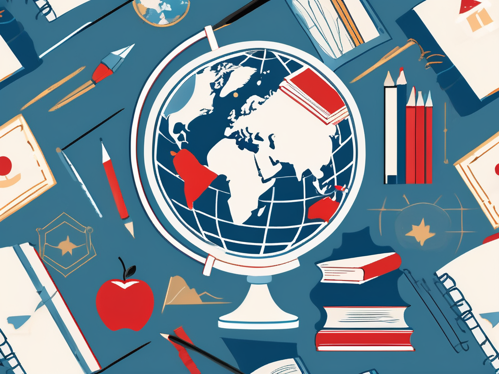 A globe with various educational symbols like a graduation cap