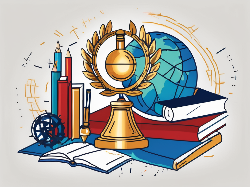 A globe surrounded by various educational tools such as a microscope