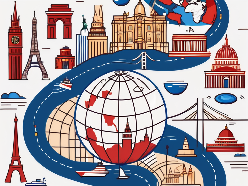 A globe surrounded by various iconic international landmarks