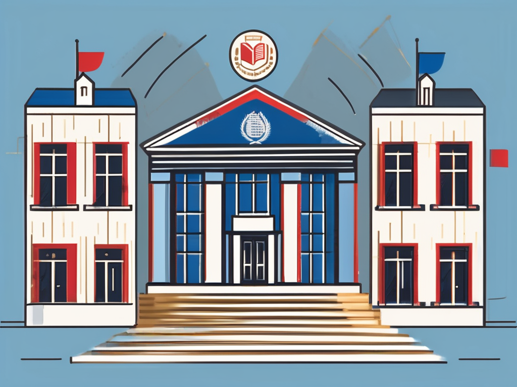 A diverse array of international school buildings with a symbolic checkmark above them