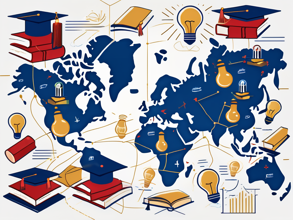 A global map with various educational symbols like books