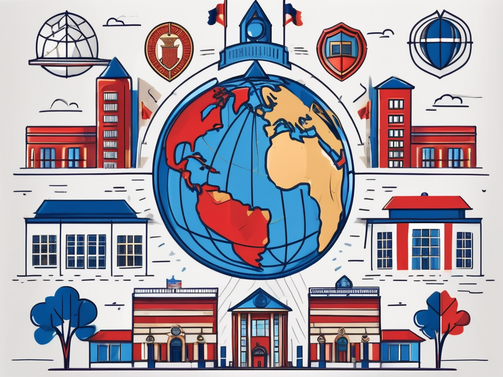 A globe with various international school buildings marked on it