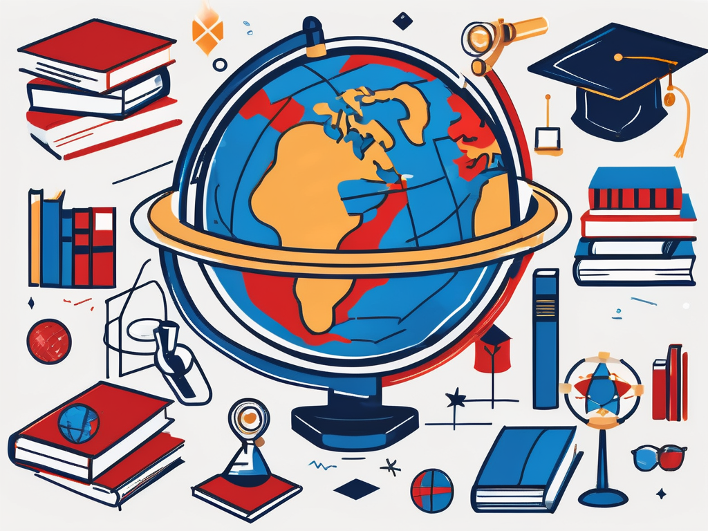 A globe surrounded by various symbols of education such as books