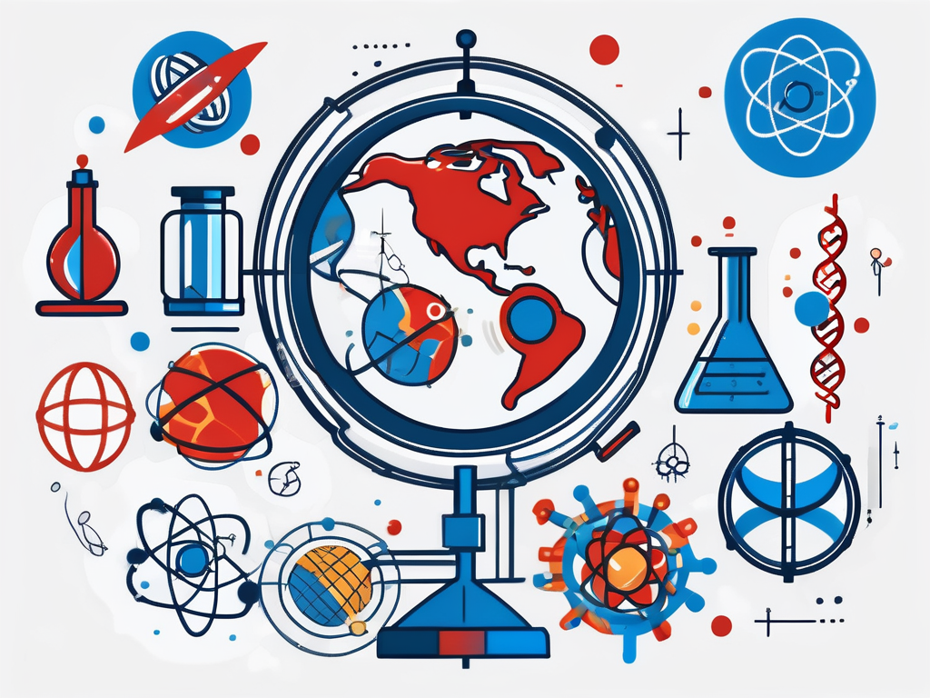 A globe surrounded by various symbols of science