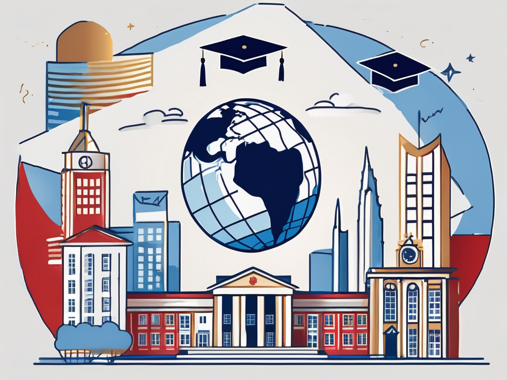 A globe with various international school buildings