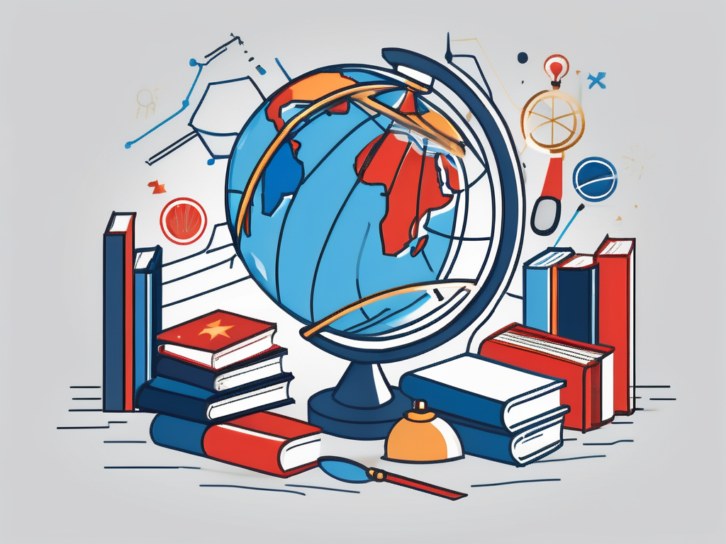 A globe with various educational symbols like books