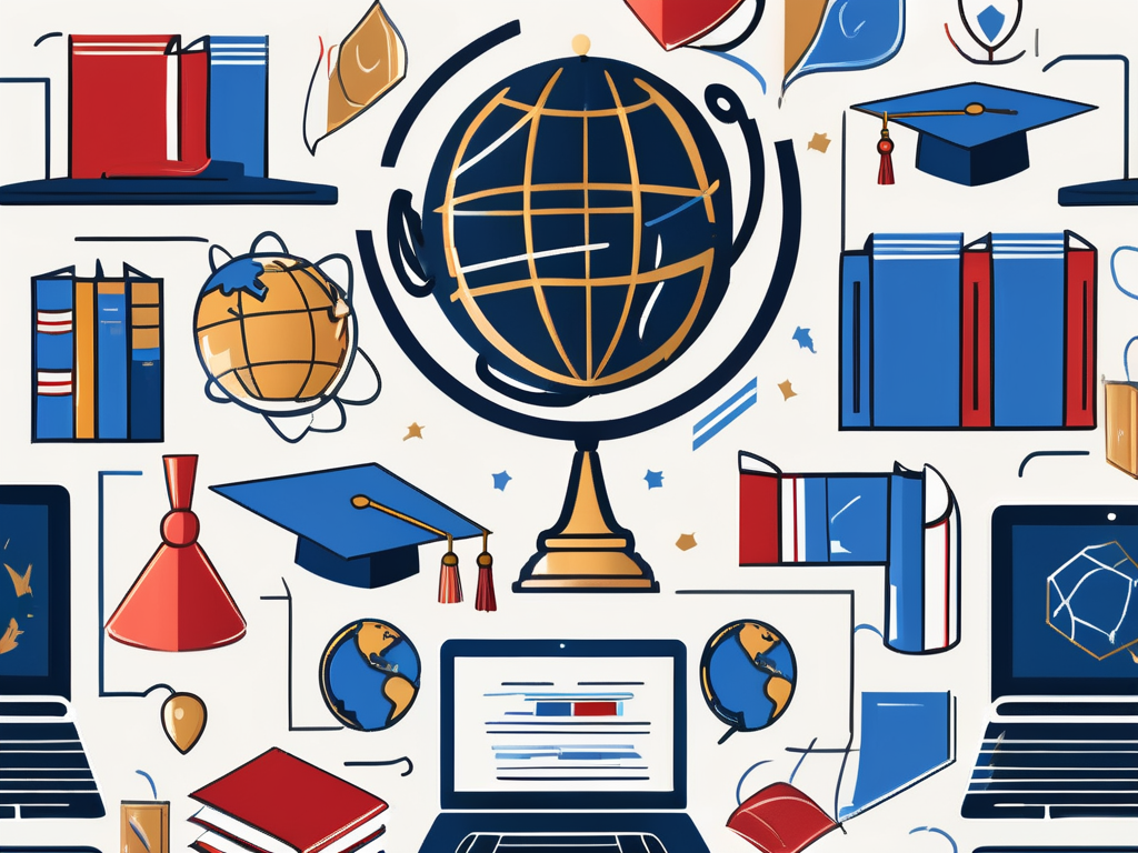 A globe surrounded by various educational symbols like books