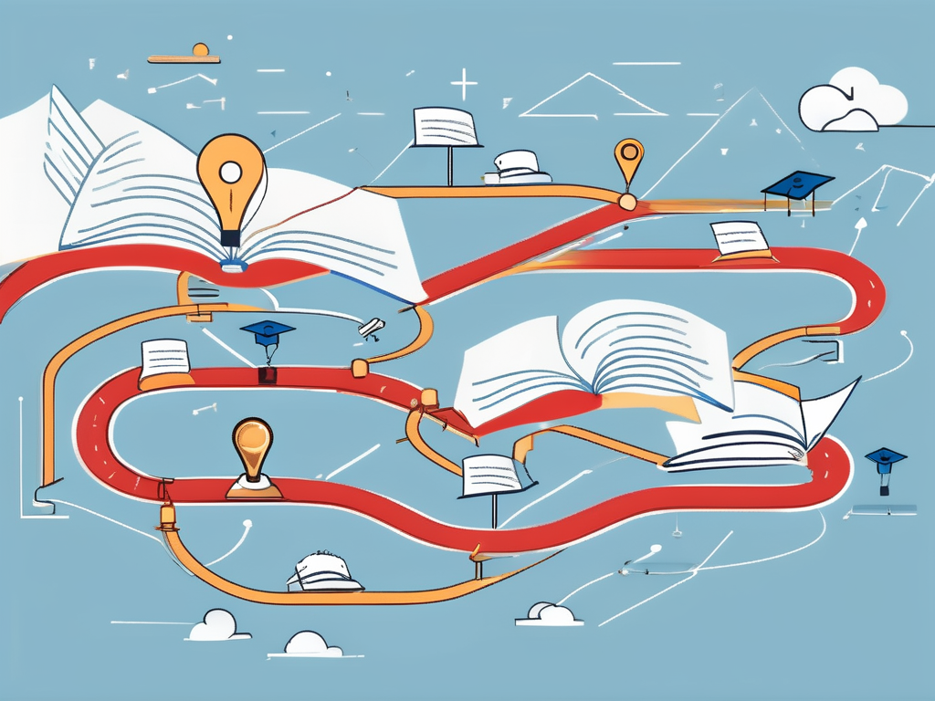 A roadmap with various educational symbols (like books